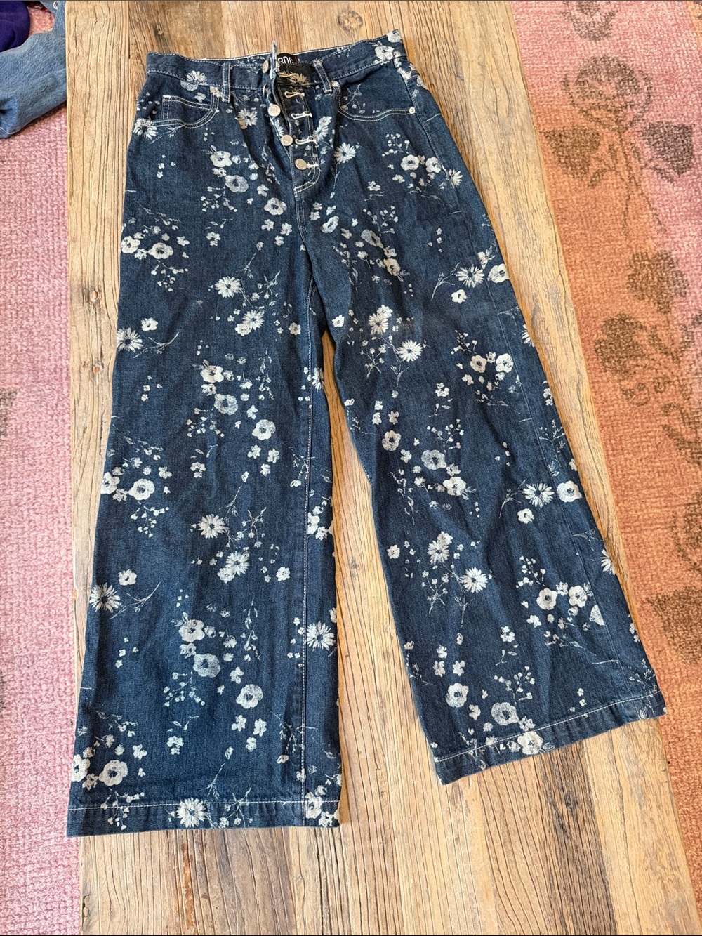 BDG Dark Blue Floral Wide-Leg Button-Fly Jeans